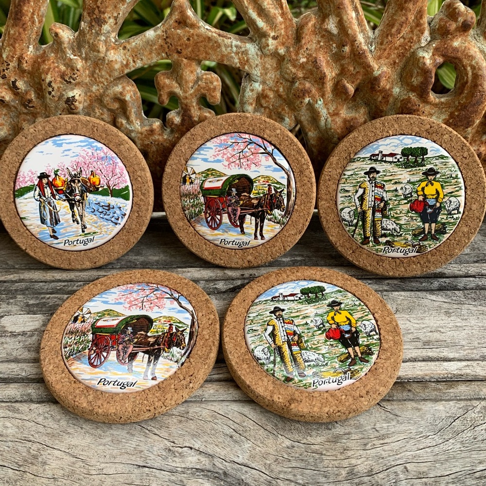 Vintage Portugal Ceramic Tile and Cork Coasters Set - Picture 4 of 8